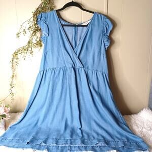 Ann Taylor Loft Dress Denim Ruffle Sleeves Blue Jean Dress 16